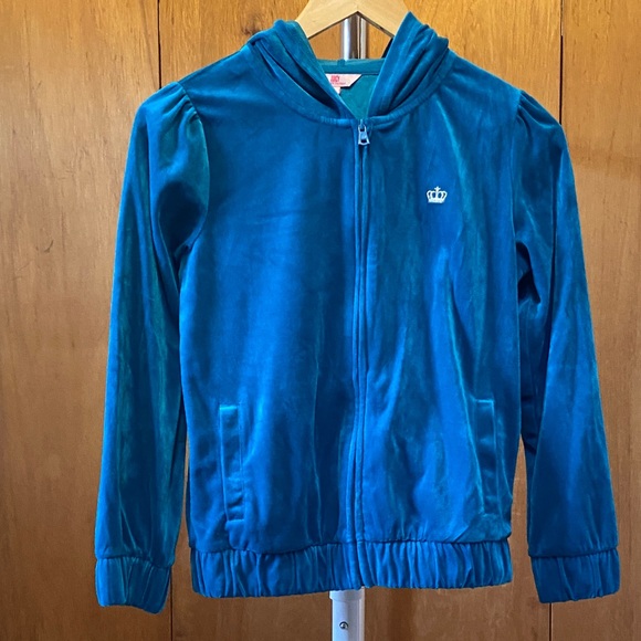Juicy Couture Velour Hoodie Spellout JUICY on Hood Teal Peacock Girls Sz 14 - Picture 1 of 11